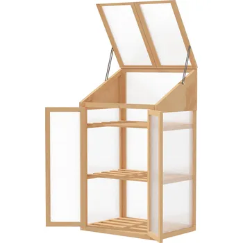 Fóliovník OUTSUNNY Polykarbonátový mini skleník se třemi policemi 70 x 50 x 120 cm světlé dřevo