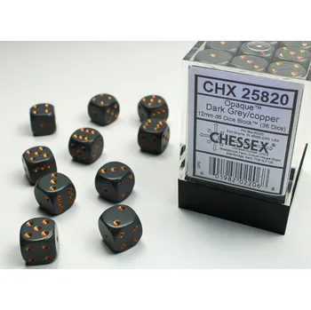 Příslušenství k deskovým hrám Chessex Sada 36 D6 12mm kostek Chessex - Opaque Dark Grey/copper - 25820