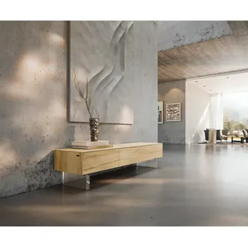 Televizní stolek DELIFE TV stolek Cuor 150 cm keramika Laminam® Sabbia dubová barva 1 výklopná dvířka 1 zásuvka podnož závěsná akrylglas