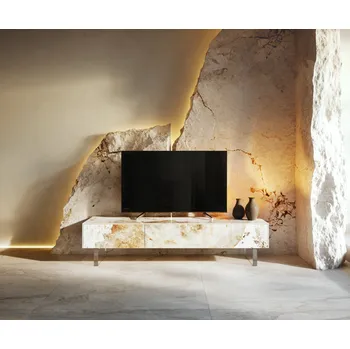 Televizní stolek DELIFE TV stolek Cuor 150 cm keramika Minas Melange bílá béžová 1 výklopná dvířka 1 zásuvka podnož závěsná akrylglas