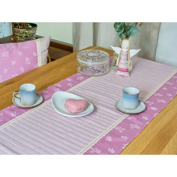 ubrus Běhoun růžový kanafas proužky a kytičky s krajkou Vzor kanafasu: Keprové pruhy, Běhouny sešívané: 43x200cm