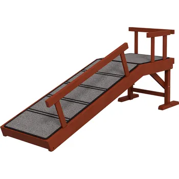 Bouda pro psa PawHut rampa pro psy, odnímatelné zábradlí, protiskluzová, dřevo, do 30 kg, 125x40x56cm, hnědá/šedá