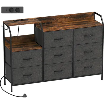 Komoda HOMCOM Komoda s 8 látkovými zásuvkami, ocelový rám, nabíjecí stanice, rustikální hnědá + černá