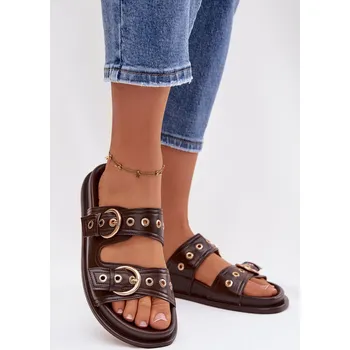 Dámské žabky Dámské pantofle se zlatými přezkami ekologická kůže čokoládové Bellarya 41