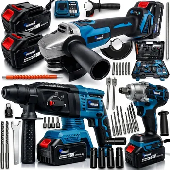 Vrtačka Ondragon Sada aku nářadí 3v1 rázový utahovák, úhlová bruska a vrtací kladivo SDS+, 48V, 2× akumulátor, kufr a příslušenství