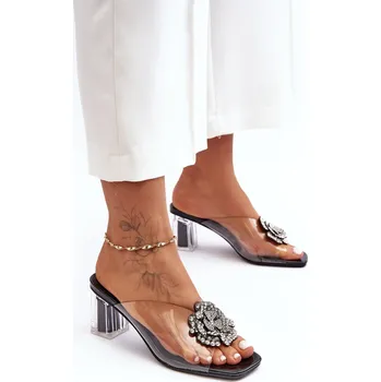 Dámské pantofle S.Barski Průhledné sandály na podpatku s ozdobou D&A MR1037-20 Barva: Černá, Velikost: 39