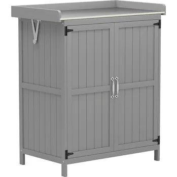 Zahradní domek Outsunny Zahradní skříň Outsunny, skříňka na nářadí pro venkovní použití, s pracovní plochou, dřevo a nerezová ocel, dvoudveřová, šedá