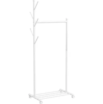 Věšák HOMCOM Věšák na kabáty s kolečky, pojízdný věšák s tyčí na šaty, 5 háčků, stojan na boty bílý