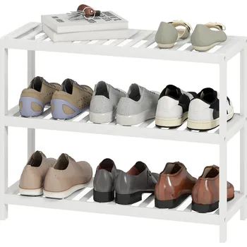 Botník HOMCOM 3-patrový bambusový regál, botník, odkládací police, lakovaný povrch, bílá barva