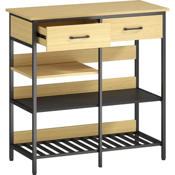 Komoda HOMCOM Příborník, komoda se 2 zásuvkami, 3 otevřené police Kuchyňská linka do kuchyně, obývacího pokoje 90 x 40 x 91 cm, přírodní dřevo