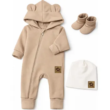 Kojenecký overall Rostoucí oteplený overál s čepičkou a botičkami, 3D - béžový