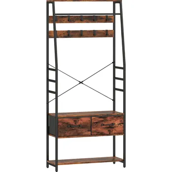 Věšák HOMCOM Věšák na kabáty s botníkem, věšák s lavicí, 10 háčků, 2 látkové zásuvky, tyč na oděvy, dřevotříska, kov, hnědá barva