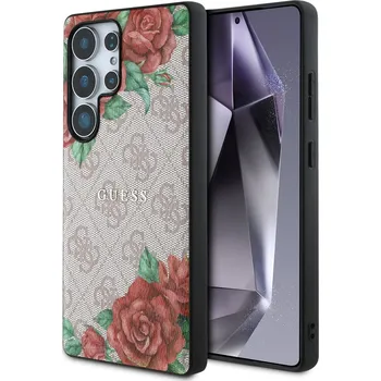 Pouzdro na mobilní telefon Guess MagSafe kožený kryt na Samsung - 4G Flowers Print Metal Classic Logo-Růžová / Samsung Galaxy S25 Ultra