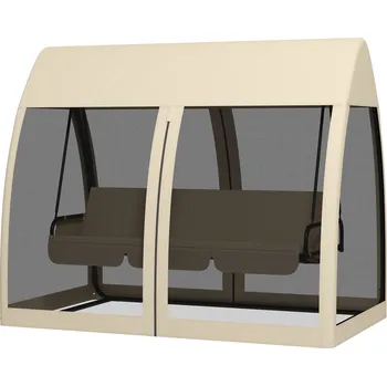 Zahradní houpačka Outsunny 3místná houpačka na terasu, verandová houpačka s funkcí lůžka, hollywoodská houpačka s moskytiérou a ocelovým rámem, káva