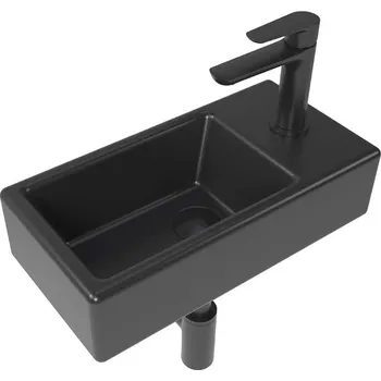 Umyvadlo Swiss aqua technologies Koupelnový set pravého závěsného umývátka Brevis 40,5 cm, pákové baterie, sifonu, průtočné zátky a roháčků v černé barvě KSETBRE2PBKM