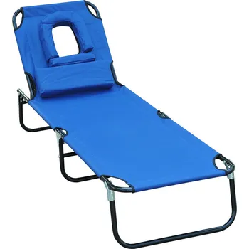 Zahradní lehátko Outsunny lehátko skládací zahradní lehátko s polštářem Lehátko se čtyřsměrně nastavitelným opěradlem Kempingové lehátko s okénkem na čtení Zahradní židle s nosností do 120 kg vhodná na zahradu, balkon Modrá barva