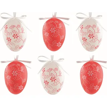 Velikonoční dekorace ANDĚL Velikonoční vejce plastová Květiny červené a bílé 4 cm na zavěšení, 6 ks v sáčku