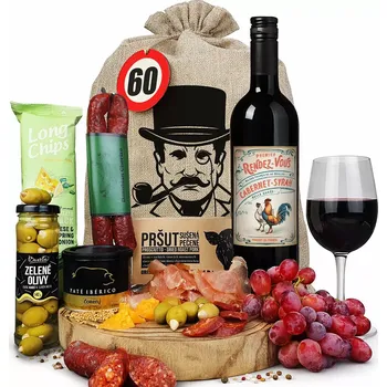 Dárkový potravinový koš Dárkový koš pro muže s červeným vínem k narozeninám, vánocům anebo svátku