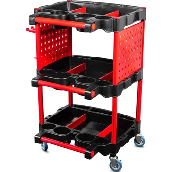 Příslušenství k barvení vlasů Detailingový vozík, pojízdný, s odkládacími plochami a závěsným systémem