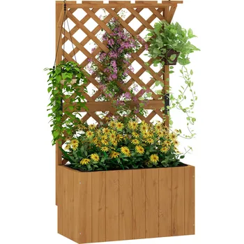 Květináč Outsunny vyvýšený záhonový květináč s mříží, mřížový květináč dřevo, zahradní mříž 64 x 33 x 122cm přírodní dřevo