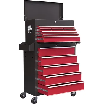 HOMCOM Vozík na nářadí, dvoudílný, uzamykatelný, 14 zásuvek, perforovaná stěna, ocel, červený