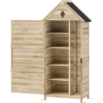 Zahradní domek Zahradní přístřešek Outsunny se 4 policemi, dřevěný přístřešek, voděodolná asfaltová střecha, 80 x 49 x 170 cm, světle hnědý