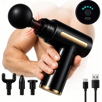 Masážní přístroj BEZDRÁTOVÁ MASÁŽNÍ PISTOLE na tělo Elektrický masér 4 nástavce