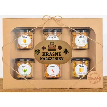 Dárková krabička Dárková sada Kešu či Mandlí 6ks NAMIXUJ si SÁM Krásné narozeniny (Dárková sada Kešu Exclusive či Španělských Mandlí Valencia 6ks NAMIXUJ si SÁM dle vlastího výběru Krásné narozeniny)