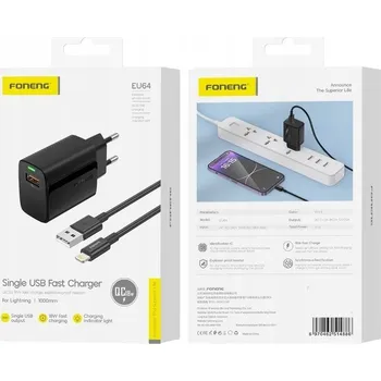FONENG síťová nabíječka EU64 18W 1xUSB QC3.0 + kabel Lightning Černá #16