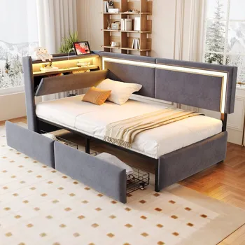 Postel Čalouněná postel s funkcí rozkládací pohovky, zásuvkami a LED osvětlením 90x200 cm, police, šedá