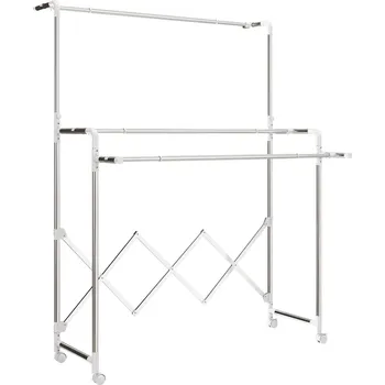 Sušák na prádlo HOMCOM Oděvní kůň, skládací oděvní kůň se 3 nastavitelnými tyčemi, nerezový věžový oděvní kůň na kolečkách, věžový sušák na prádlo pro vnitřní i venkovní použití