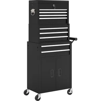 HOMCOM box na nářadí 3 v 1, skříňka na nářadí se 4 kolečky, uzamykatelný box na nářadí s 9 zásuvkami, ocel, černá barva