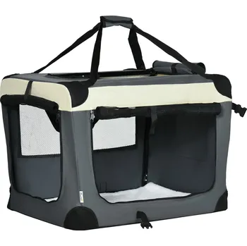 Bouda pro psa PawHut Přepravní taška PawHut, přepravní box, pro kočky a malé psy, skládací, 3 dvířka, šedá, 70 x 51 x 50 cm