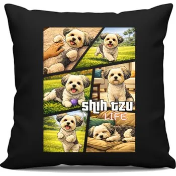 Žertovný předmět shih tzu life - černý polštář s potiskem- Tričkový.cz