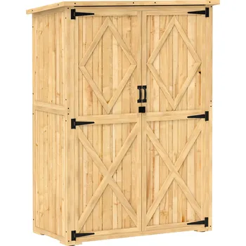 Zahradní domek Outsunny Zahradní kůlna Outsunny, dřevěná kůlna na nářadí a zahradní techniku, asfaltová střecha, dvojité dveře, smrkové dřevo, světle hnědá barva