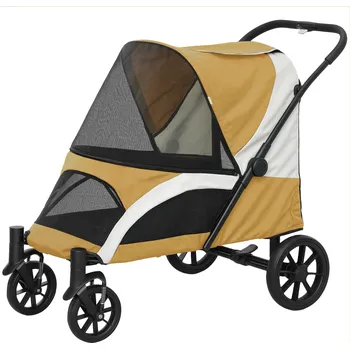 PawHut kočárek pro psy, skládací kočárek pro velké psy, kočárek pro domácí mazlíčky se 4 koly, bezpečnostní vodítka, brzdy, hnědý