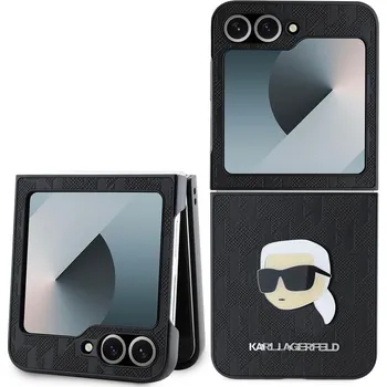 Pouzdro na mobilní telefon Karl Lagerfeld kožený kryt na Samsung - Saffiano Monogram Karl Head-Černá / Samsung Galaxy Z Flip 6/7 FE