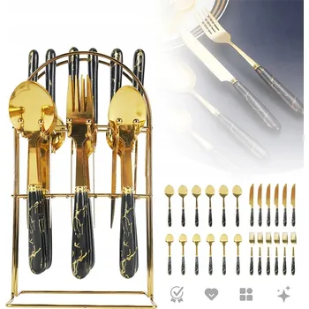 Příbor ZESTAW SZTUĆCÓW DO DOMÁCNOSTI 24 KS NEREZOVÁ OCEL SE STOJANEM MRAMOROVÝ DRŽÁK