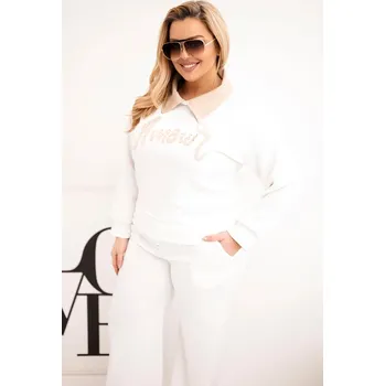 Kesi Dámský komplet masełko Plus Size se širokými nohavicemi a límečkem bílý Barva: Bílá, Velikost: UNI