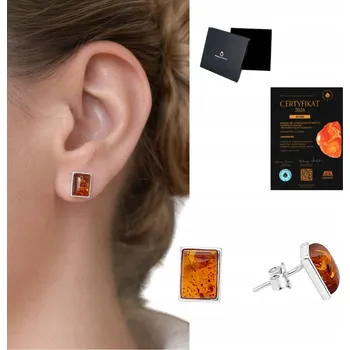 Náušnice Obdélníkové stříbrné Náušnice s JANTAROVOU pryskyřicí, puzetky STŘÍBRO 925, šroubovací zapínání - VIDEO