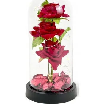 umělá květina ČERVENÁ TROJITÁ UMĚLÁ STABILIZOVANÁ RŮŽE VE SKLE LED