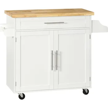 Servírovací stolek HOMCOM Kuchyňský vozík Servírovací vozík kuchyňský ostrůvek, 1 stojan na kořenky, 1 držák na ručníky, 109 cm x 40 cm x 89 cm, bílý