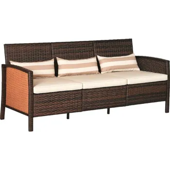 Zahradní pohovka Outsunny ratanová pohovka s polštáři, třímístná, zahradní lounge pohovka, ocel, hnědá, 173 x 68 x 78 cm
