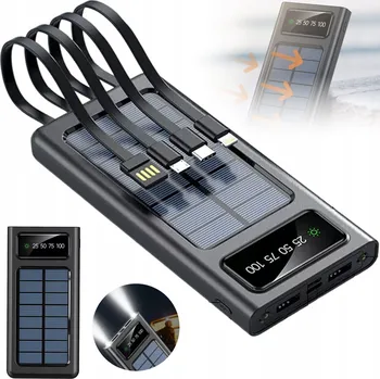 Powerbanka SOLÁRNÍ NABÍJEČKA 20000MAH POWER BANK 4 KABELY + SVÍTILNA, BEZPEČNÁ NABÍJEČKA