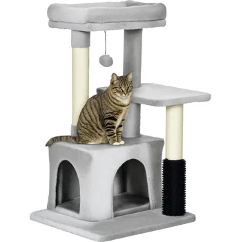 PawHut škrabadlo Kočičí strom s masážním koutkem Kočičí jeskyně Hrací míč Kočičí škrabadlo Sisalové škrabadlo Světle šedé 48 x 48 x 85 cm