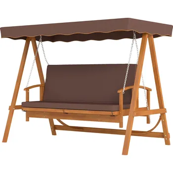 Zahradní houpačka Houpačka Outsunny Hollywood se stříškou proti slunci, zahradní houpačka z pravého dřeva, houpací lavice s funkcí polohování, pro 3 osoby, hnědá barva