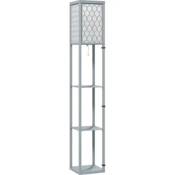 Stojací lampa HOMCOM Stojací lampa s policí, 3 přihrádky, kompaktní rozměry, MDF, světle šedá