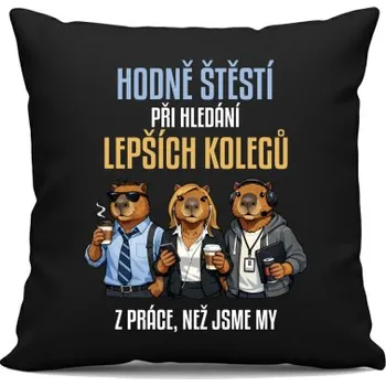 Žertovný předmět Hodně štěstí při hledání lepších kolegů z práce - černý polštář s potiskem- Tričkový.cz
