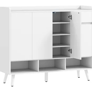 Botník HOMCOM Botník s bezúchytkovým designem, 4 dvířka, 4 nastavitelné police, volně stojící botník s 5 dřevěnými nohami, dřevo, bílá barva