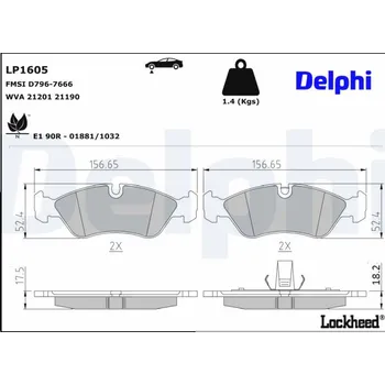Brzdový systém Sada brzdových destiček, kotoučová brzda DELPHI LP1605